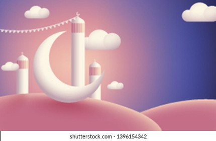 Realistic mosque with cresent moon on cloudy glossy background.