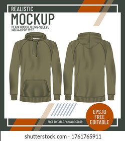 Realistic moss green hoodie long sleeve mock up. Blank sweatshirt with pocket and baseball style. Usefull for presentation the printed design. Vector illustration.