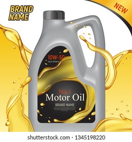 Realistic motor oil ads square background with images of plastic canister container branded package and text vector illustration