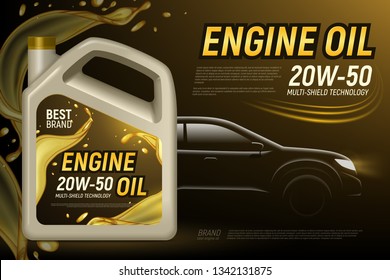 Realistic motor oil car silhouette ads background with editable text and composition of product package images vector illustration