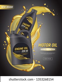 Realistic Motor Oil Poster Ads With Editable Text Canister Package Splashes And Drops Of Engine Oil Vector Illustration