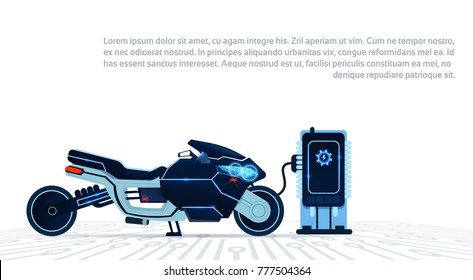 Realistic Motorcycle Charging From Electricity Blue Sport Electric Motorbike On While Background Flat Vector Illustration