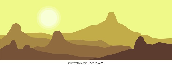realistic mountain flat landscape vector illustration. Natural wallpapers are a minimalist, polygonal concept. Sunrise, misty terrain with slopes, mountains near the forest