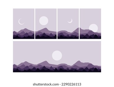 realistic mountain flat landscape vector illustration. Natural wallpapers are a minimalist, polygonal concept. Sunrise, misty terrain with slopes, mountains near the forest