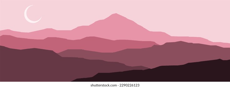 realistic mountain flat landscape vector illustration. Natural wallpapers are a minimalist, polygonal concept. Sunrise, misty terrain with slopes, mountains near the forest