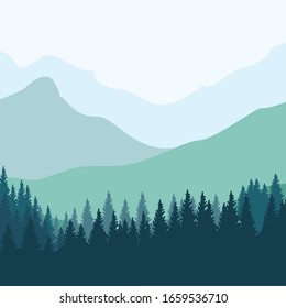 Realistic mountain landscape. Panorama of morning wood, pine trees, and mountain silhouettes. forest hiking background