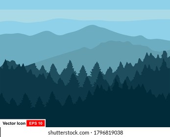 Realistic mountain landscape. Panorama of morning wood, pine trees, and mountain silhouettes. forest hiking background