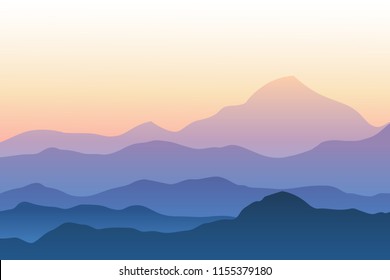 Realista ilustración vectorial del paisaje montañoso. Siluetas de montañas contra el cielo atardecer
