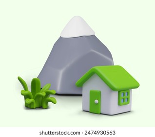 Realistic mountain, small house with green roof, fresh grass. Eco settlement concept