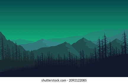 Realistic mountain view from the countryside with the silhouettes of dry trees around it. Vector illustration of a city