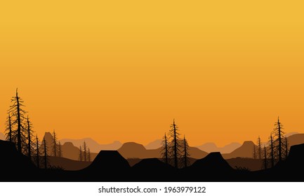 Realistic Mountain View at dusk with silhouettes of dry trees around it. Vector illustration of a city