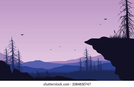 Realistic mountain view with forest from the out of the city on a sunny morning. Vector illustration of a city