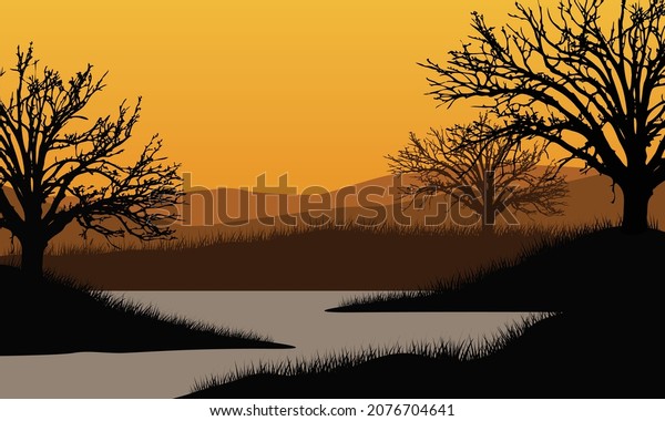 Realistic mountain view from the lakeside at sunset in the evening. Vector illustration of a city