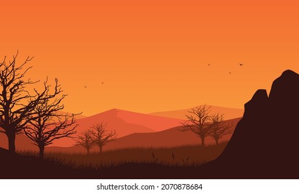Realistic mountain view from the suburb at dusk with aesthetic silhouettes of dry trees. Vector illustration of a city