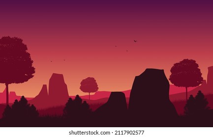 Realistic mountain view at sunset from the cliff edge with silhouettes of pine trees around