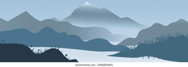 Realistic mountain views. Morning mountain panorama, pine trees and mountain silhouettes. vector