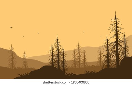 Realistic Mountain views under a beautiful afternoon sky with birds. Vector illustration of a city