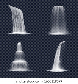 Realistic mountain waterfall on transparent background. Set of cascade nature fountain for hill. River or stream decorative water splash. Liquid of niagara or victoria. Scenery water design