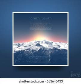 Realistic mountains against the background of sunrise or sunset. Vector Background.Textbook, booklet or notebook mockup.Brochure design, cover modern layout, annual report,placards and poster or flyer