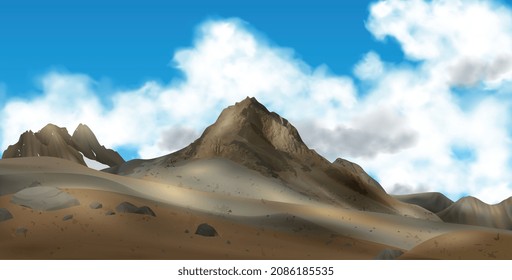 Realistische Berglandschaft-Komposition mit horizontaler Sicht auf den Himmel mit Wolken und braunen Bergen mit Steinen Vektorgrafik