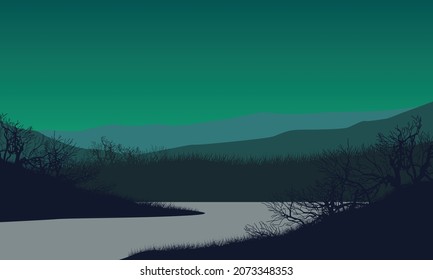 Realistic mountains landscape with dry tree silhouettes from the lakeside at night. Vector illustration of a city