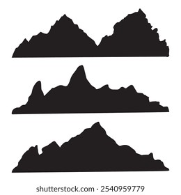 Paisaje realista de las montañas. Capas de silueta de montaña. Fondo de senderismo de montaña de Vector. Conjunto de iconos de montaña con logotipo de pico. Ilustración de la cordillera. Terreno con pendientes, Olas negras, rocas, colina