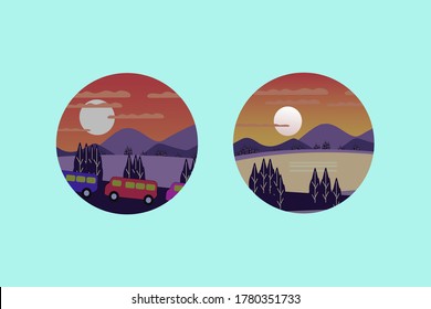 Realistic mountains landscape. Morning wood panorama, mountains silhouettes. Vector forest hiking background