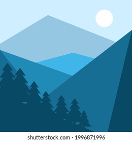 Realistic mountains landscape. Morning wood panorama, pine trees and mountains silhouettes. forest hiking background