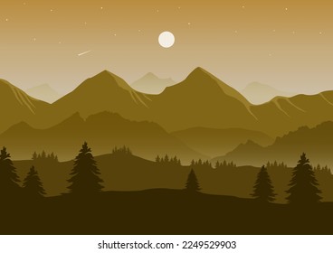 Realista ilustración vectorial del paisaje montañoso. Pinos y siluetas de montaña de fondo.