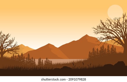 Realistic mountains panorama from the riverbank at dusk with the silhouettes of trees and grass around it. Vector illustration of a city