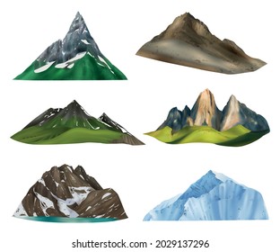 Realistic mountains set of six isolated images with cliff ranges on various weather seasons and height vector illustration