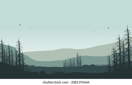 Realistic mountains view in the morning from the countryside with dry tree silhouettes around it. Vector illustration of a city