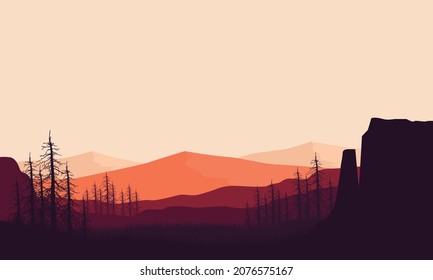 Realistic mountains view from the outskirts of the city in the afternoon. Vector illustration of a city