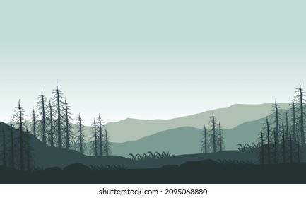 Realistic mountains view from the outskirts of the city at sunrise. Vector illustration of a city