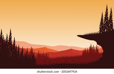 Realistic mountains view with pine trees from the out of the city at dusk. Vector illustration of a city