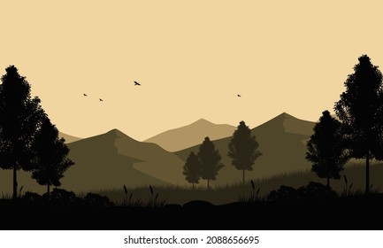 Realistic mountains view from the village in the afternoon. Vector illustration of a city