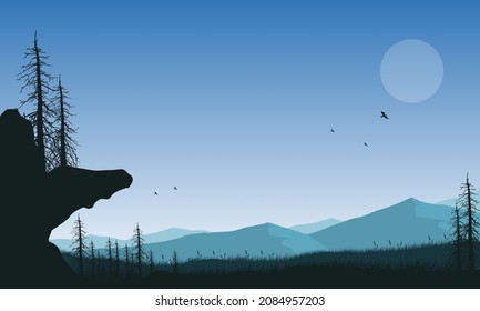 Vistas reales de las montañas desde las afueras de la ciudad por la noche. Ilustración vectorial de una ciudad