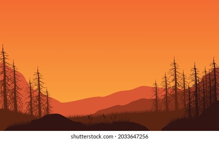 Realistic mountains views and silhouettes of pine trees at dusk from the out of the city. Vector illustration of a city