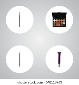 Realistic Mouth Pen, Day Creme, Contour Style Kit And Other Vector Elements. Set Of Greasepaint Realistic Symbols Also Includes Palette, Lip, Eyeshadow Objects.