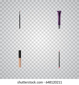 Realistic Mouth Pen, Day Creme, Contour Style Kit And Other Vector Elements. Set Of Maquillage Realistic Symbols Also Includes Contour, Brush, Lipstick Objects.