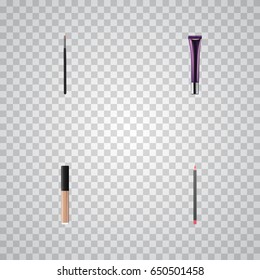 Realistic Mouth Pen, Day Creme, Contour Style Kit And Other Vector Elements. Set Of Maquillage Realistic Symbols Also Includes Contour, Brush, Lipstick Objects.