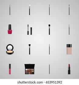 Realistic Mouth Pen, Powder Blush, Eyelashes Ink And Other Vector Elements. Set Of Maquillage Realistic Symbols Also Includes Brow, Lips, Lipstick Objects.