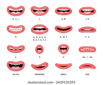 Realistic mouth sync. Vector talking lips for cartoon character animation and english pronunciation signs. Isolated female or make emotions and speaking articulation set with letters of language