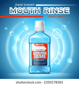 Lavado bucal realista, enjuague bucal botella 3d maquillaje. Láminas de vectores, cuidado oral y productos de higiene dental para dientes limpios y respiración fresca. Frasco de plástico con líquido de lavado de la boca azul, cartel publicitario