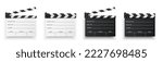 Realistic movie clapper board set. White, black and open, closed clapboards. Filmmaking, video production industry equipment. Movie, cinema, film symbol concept. Director clapboard. Vector