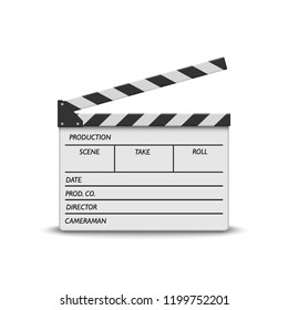 realistic movie clapperboard on white background. White cinema clapper board