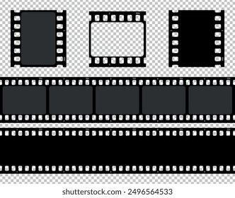 Realistic movie film strip set on transparent background. Film strip template. Cinema and filmmaking concept. Vector illustration