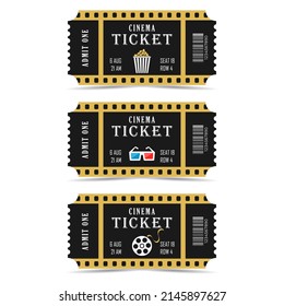 Realistic movie ticket icon in flat retro style. In black, gold colors. Stylish realistic vector illustration. Cinema ticket.