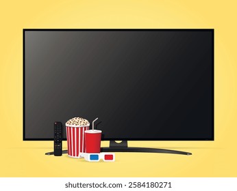 Realistic movie time illustration with modern smart tv, remote control, popcorn bucket, soda cup and 3d glasses