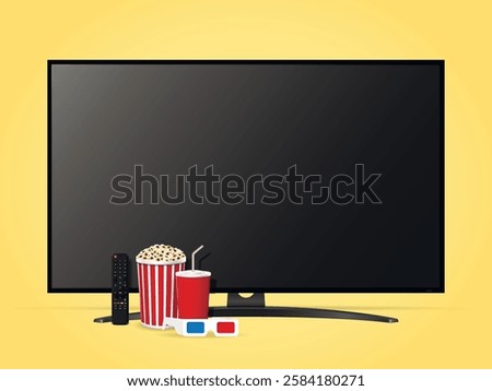 Realistic movie time illustration with modern smart tv, remote control, popcorn bucket, soda cup and 3d glasses